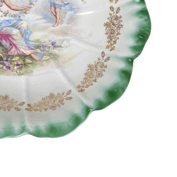 Vintage Dresden Porcelain Bowl: Woman and Angel Motif, Green & Gold Trim - Picture 3 of 7